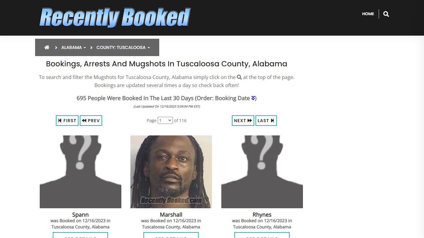 Bookings, Arrests and Mugshots in Tuscaloosa County, Alabama